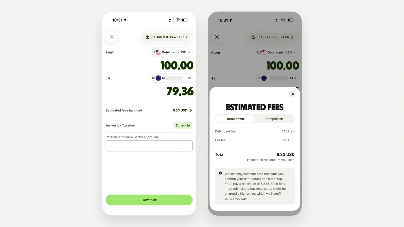 Wise: transfer amount screen disclosing the exchange rate and all fees